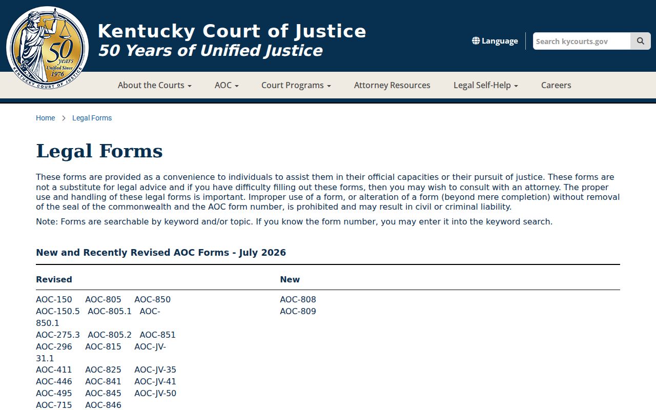 Kentucky Court of Justice searchable official legal forms catalog