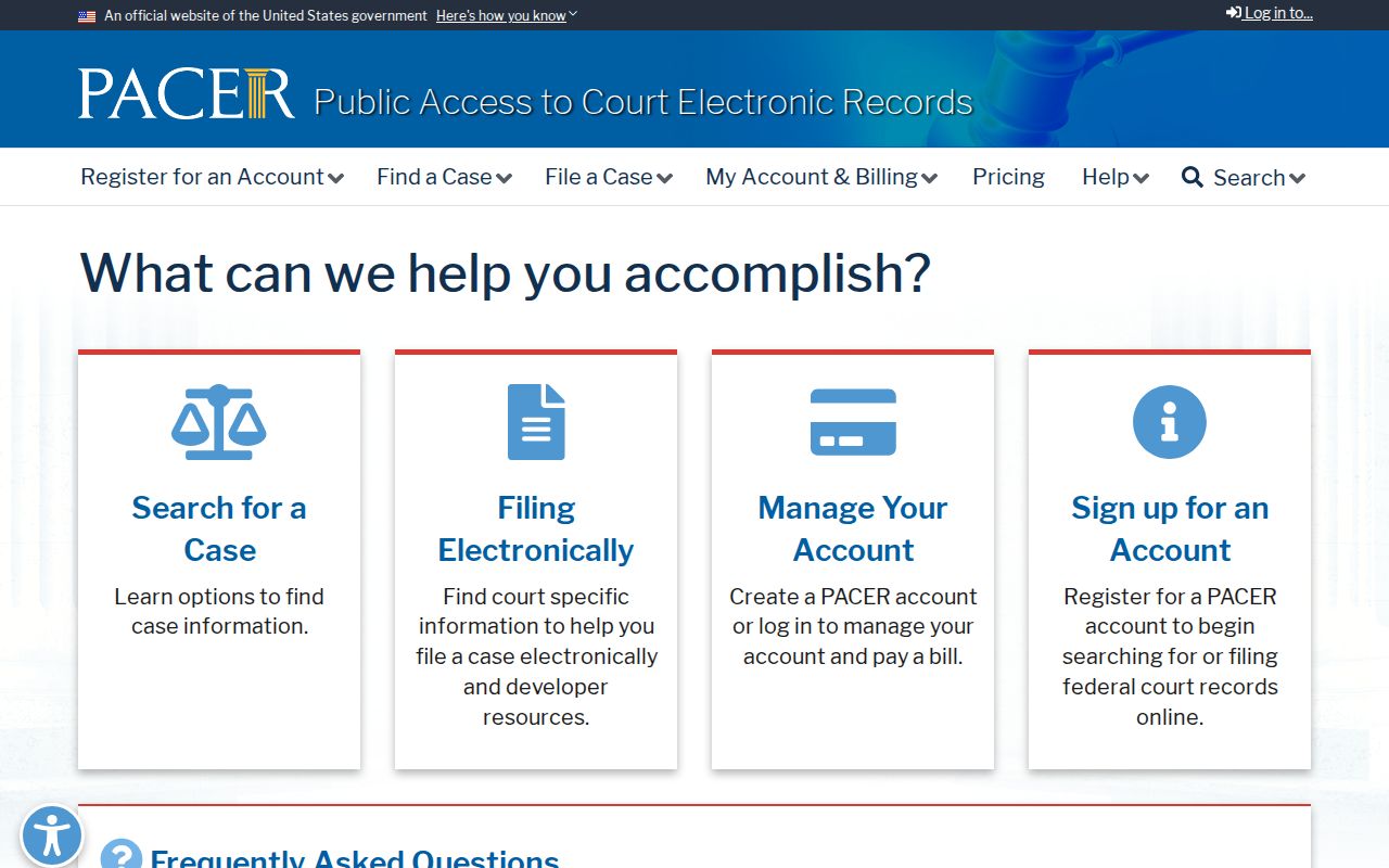 Official PACER federal court case search and account page