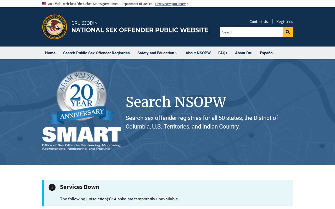 U.S. Department of Justice NSOPW national sex offender registry search page